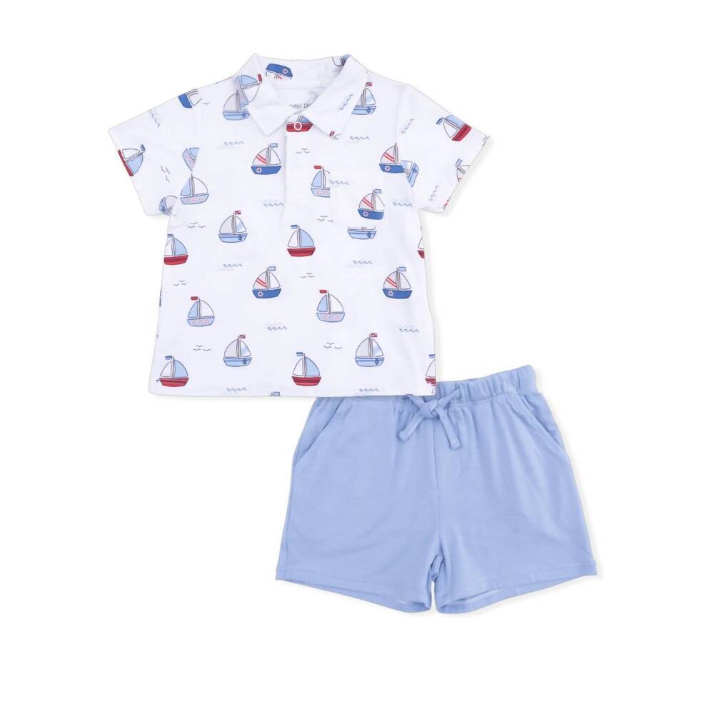 NEW ANGEL DEAR kids bubbly sailboats polo with casual short set in blue